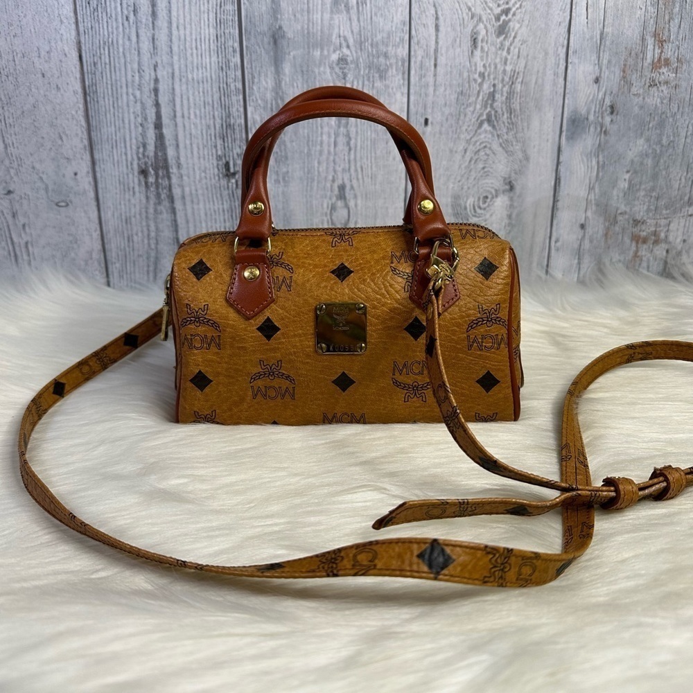 MCM mini boston leather bag in cognac
